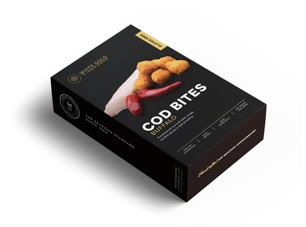 White Gold Cod Bites Retail-Ready Boxes by Marder Seafood