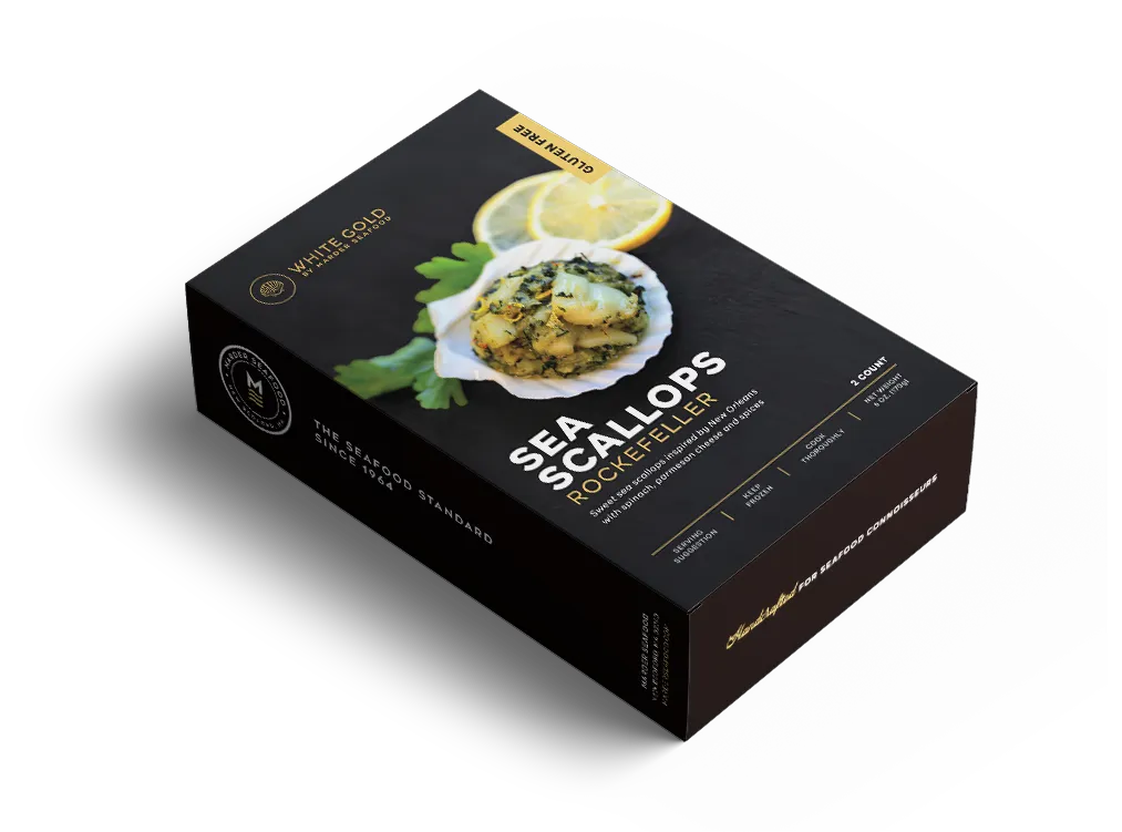 Marder Seafood Scallop Rockefeller retail box – wild-caught scallops in creamy spinach topping
